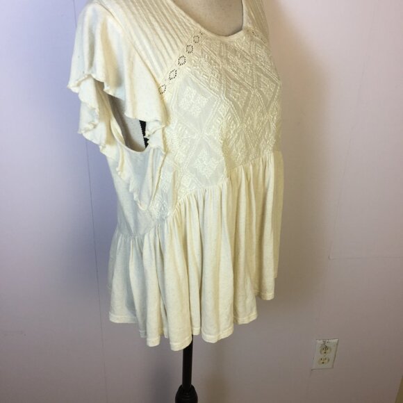 Lucky Brand Blouse Top Sz L Womans Ivory Cream Linen Knit Embroidered Lace Boho - Picture 8 of 16